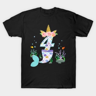 Kids 4 Year Old Unicorn Mermaid Birthday Theme Tail Girl 4Th T-Shirt